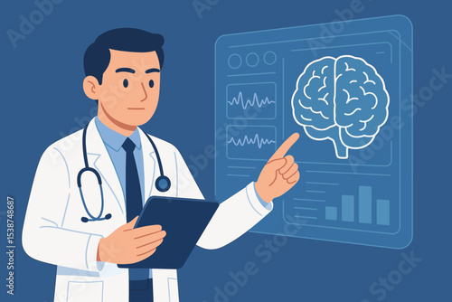 Medical doctor or neurologist analyzing brain scan and EEG data on a virtual screen. Concept of neurology, neuroscience, futuristic healthcare, medical research and diagnosis.