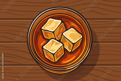 Whiskey glass with ice cubes, top view. Classic bourbon, scotch, or whisky drink on wooden table background. Alcoholic beverage concept, bar menu, nightlife, cocktail party drink illustration