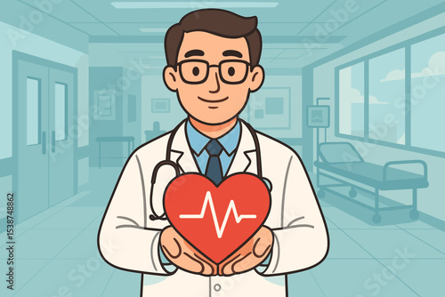 Compassionate Doctor Holding Heart with ECG Line, Medical Professional Caring for Cardiac Health, Hospital Clinic Illustration, Healthcare Support, Stethoscope, Patient Care Concept