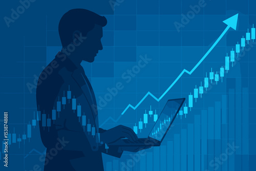 Businessman Analyzing Forex Market Data on Laptop with Rising Financial Chart, Stock Growth, Bullish Trend, Investment Success, Trading Strategy, Economic Analysis, Blue Technology Background