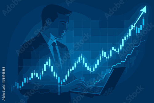 Businessman Analyzing Forex Market Growth with Laptop, Rising Candlestick Chart, Financial Trading Success, Investment, Stock Exchange, Data Analytics, Economic Progress, Blue Toned Illustration