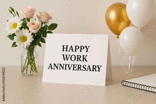 Happy work anniversary card on table with flower bouquet and balloons creating happy celebration atmosphere for work anniversary event