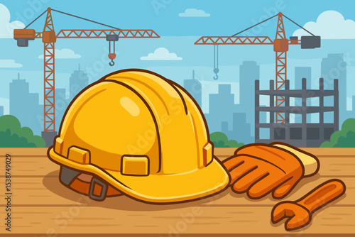 Construction Safety Equipment Vector Illustration. Yellow Hard Hat, Protective Work Gloves, Wrench on Wooden Table. Tower Cranes, Urban Cityscape, Building Site Background. Industrial Tools Concept