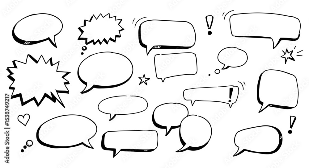 Naklejka premium Variety of blank comic speech bubbles and symbols in black and white vector illustration