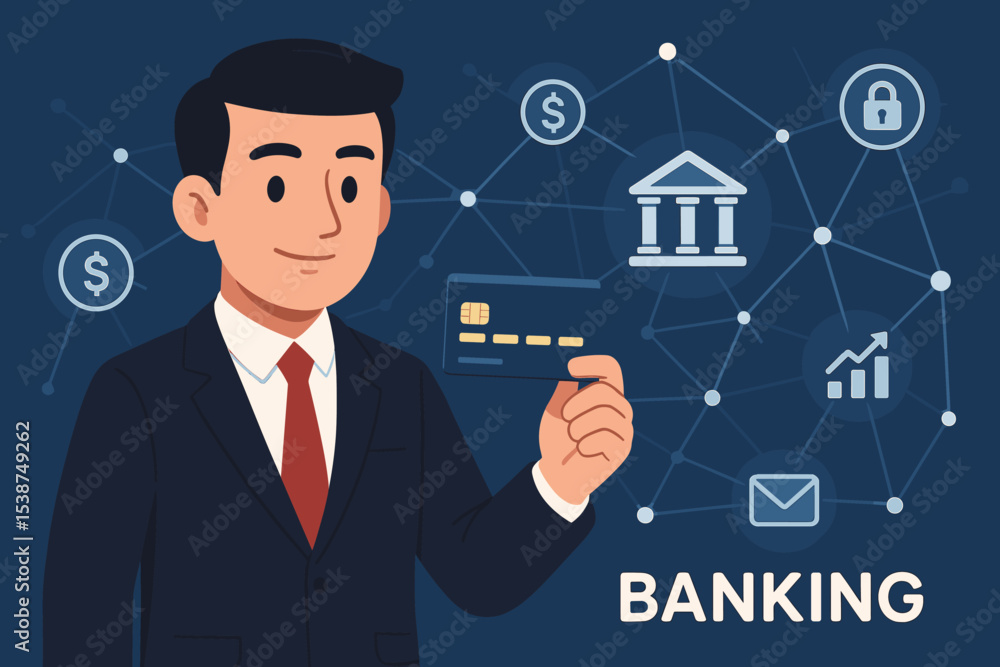Businessman holds credit card digital banking fintech concept. Secure online finance technology, electronic payment, banking icons, money transfer, data network, growth, security, investment Businessman holds credit card digital banking fintech concept. Secure online finance technology, electronic payment, banking icons, money transfer, data network, growth, security, investment