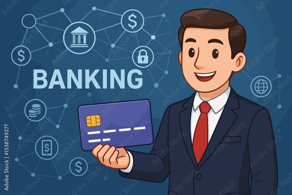 Digital Banking Concept Vector. Businessman Holding Credit Card. Online Banking Services. Secure Payment, Mobile Finance, Fintech Innovation. Banking Icons, Technology Network Background Illustration Digital Banking Concept Vector. Businessman Holding Credit Card. Online Banking Services. Secure Payment, Mobile Finance, Fintech Innovation. Banking Icons, Technology Network Background Illustration
