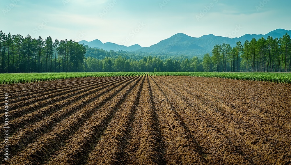 Agricultural Field with Soil Rows and Distant Smoke — Jungle-Covered Mountains in Indonesia with Fire Haze in the Background Agricultural Field with Soil Rows and Distant Smoke — Jungle-Covered Mountains in Indonesia with Fire Haze in the Background