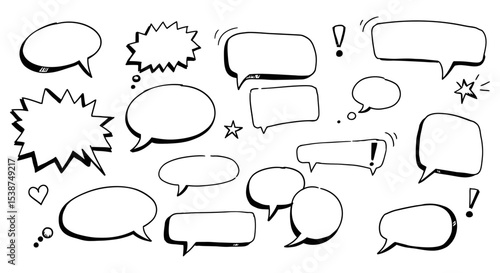 Variety of blank comic speech bubbles and symbols in black and white vector illustration