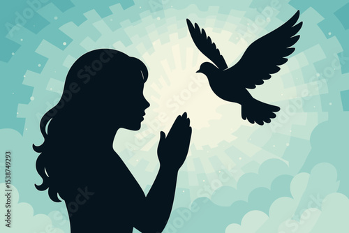Silhouette woman praying hands hope peace concept. Flying dove symbol freedom faith spirituality. Religious inspiration, prayer, belief, forgiveness. Sun rays sky clouds background vector illustration
