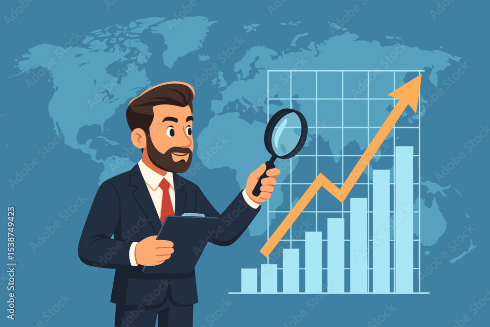 Businessman Analyzing Global Market Growth Chart with Magnifying Glass, Bar Graph, Rising Arrow, Financial Data, Economic Success, Strategy, World Map Background, Analytics, Investment Concept Businessman Analyzing Global Market Growth Chart with Magnifying Glass, Bar Graph, Rising Arrow, Financial Data, Economic Success, Strategy, World Map Background, Analytics, Investment Concept
