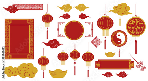 Traditional red and gold chinese decorative elements collection vector illustration