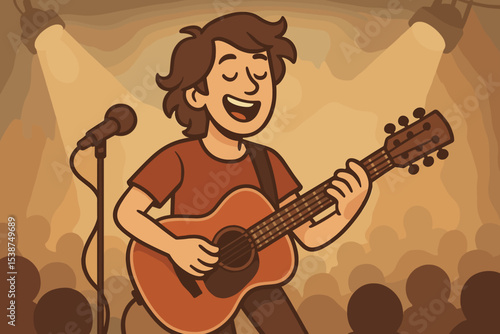 Cartoon guitarist playing acoustic guitar and singing on stage. Male musician performing solo concert. Live music show concept with singer songwriter under spotlights. Vintage style.
