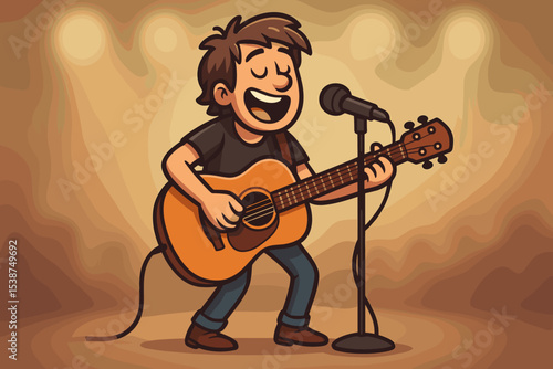Cartoon musician playing acoustic guitar on stage, performing live concert, singing into microphone, energetic music show illustration, entertainment event, animated character, spotlight background