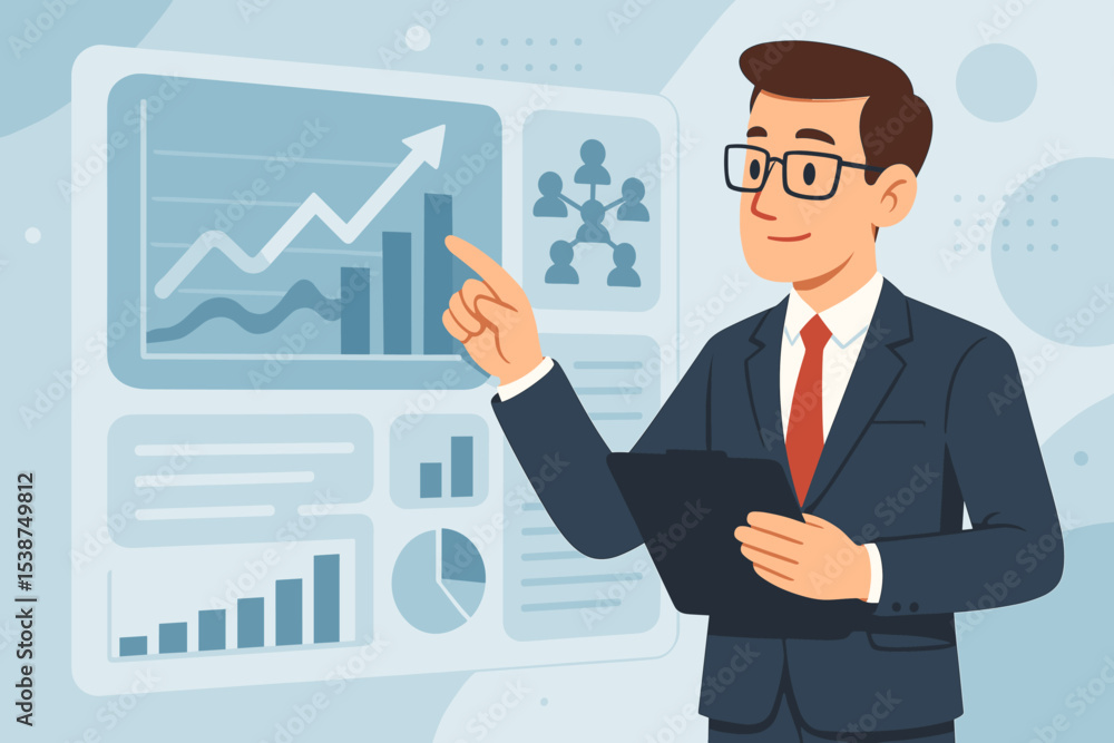 Businessman analyzing economic growth on a data dashboard. Manager presenting a financial report with charts and graphs. Business strategy, analytics, and marketing success concept. Businessman analyzing economic growth on a data dashboard. Manager presenting a financial report with charts and graphs. Business strategy, analytics, and marketing success concept.