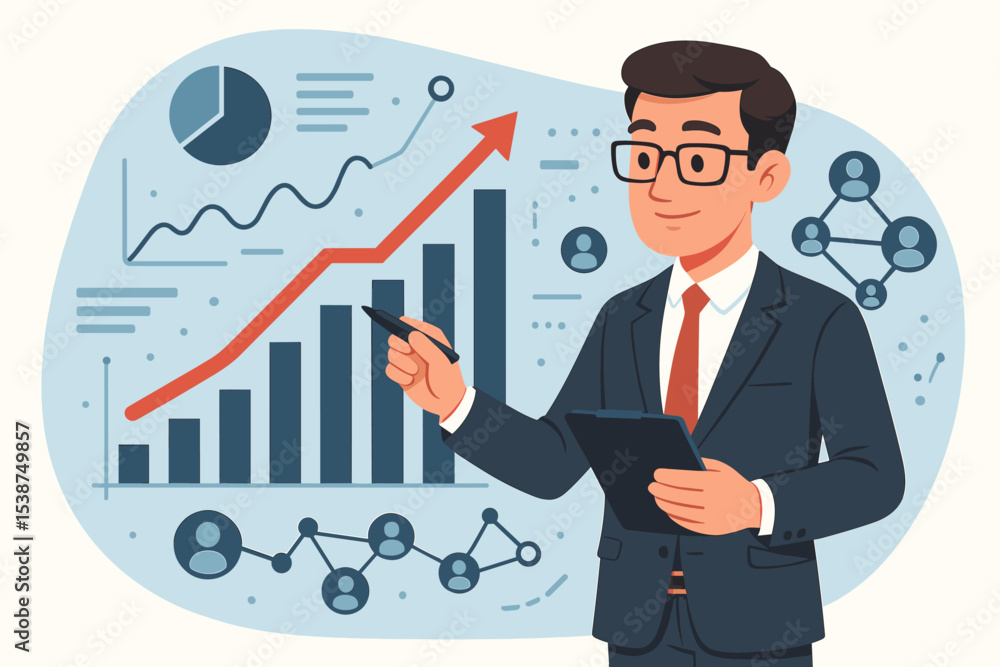 Businessman analyst presenting a business growth chart with an arrow up. Financial success concept with data visualization, infographics, and corporate strategy planning vector. Businessman analyst presenting a business growth chart with an arrow up. Financial success concept with data visualization, infographics, and corporate strategy planning vector.