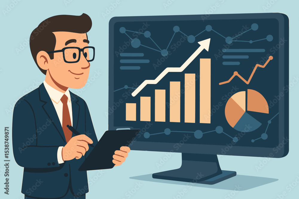 Businessman analyzing financial data on computer screen. Male manager reviewing sales report with charts and graphs. Business growth, strategy, and analytics vector concept. Businessman analyzing financial data on computer screen. Male manager reviewing sales report with charts and graphs. Business growth, strategy, and analytics vector concept.