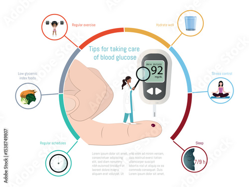 Doctor measuring blood glucose level and giving healthcare tips for diabetes management