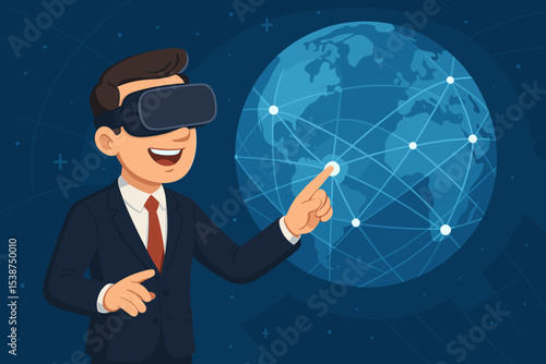 Businessman in VR headset. Global networking. Metaverse concept. Virtual reality for business. Man touching digital globe. Future technology. Worldwide communication. Cyberspace.