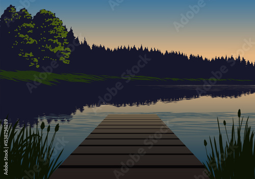 Beautiful sunrise at lake with jetty