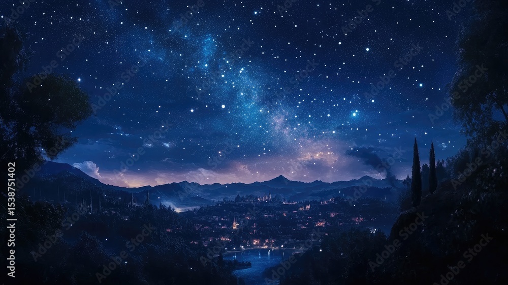 Fototapeta premium Starry Night Over a Serene Landscape with a River and Twinkling Lights in the Distance
