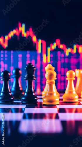 Chess pieces strategy, market graph backdrop, financial planning