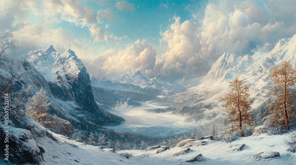 Fototapeta premium Serene Winter Landscape with Majestic Mountains, Snowy Valley, and Dramatic Cloudy Sky in a Tranquil Scene