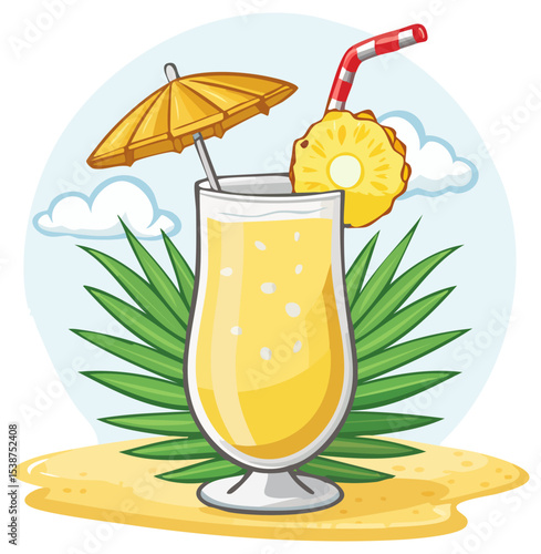 Tropical drink with fruit and umbrella illustration, isolated 