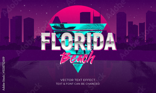 Retro Text Effect. Florida Beach logo. Editable text template with Retro sunset with cityscape and palm trees. Perfect for posters, flyers, banners design. Vector illustration.