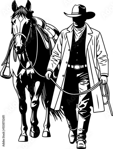 Cowboy with his horse , horseman vector silhouette illustration  