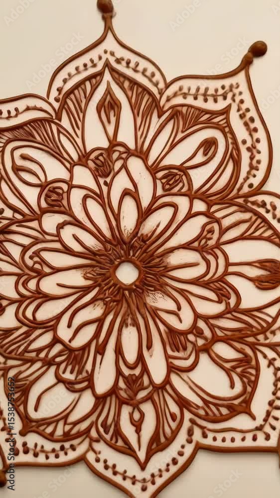 Elaborate henna designs with floral and leaf patterns applied with brown paste on white background, showing intricate detailing and traditional art. Elaborate henna designs with floral and leaf patterns applied with brown paste on white background, showing intricate detailing and traditional art.