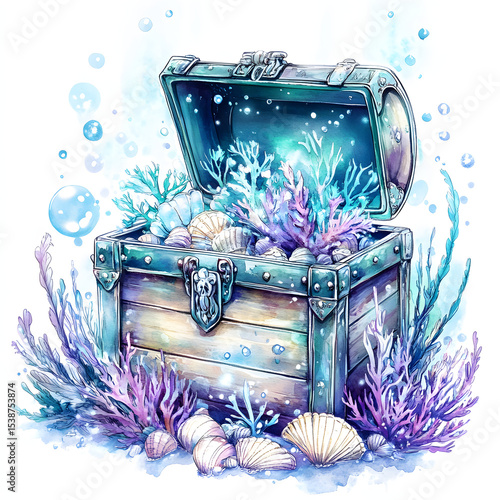 Open treasure chest overflowing with colorful corals and seashells, surrounded by bubbles in a vibrant underwater scene.