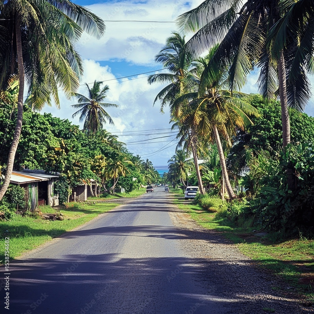 A tropical road lined with palm trees and lush greenery, leading to a distant ocean. Shadows stretch across the asphalt. Simple houses and vegetation frame the road A tropical road lined with palm trees and lush greenery, leading to a distant ocean. Shadows stretch across the asphalt. Simple houses and vegetation frame the road