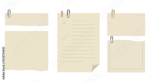 Set of blank torn paper sheets with paperclips and check marks vector illustration