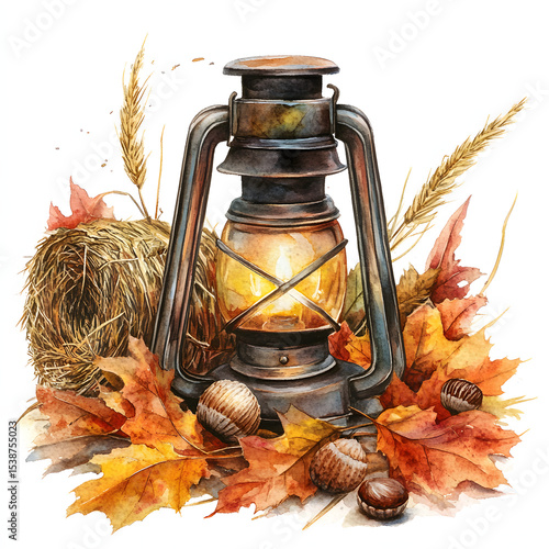 Old-fashioned lantern glowing warmly among vibrant autumn leaves and acorns in a watercolor style.