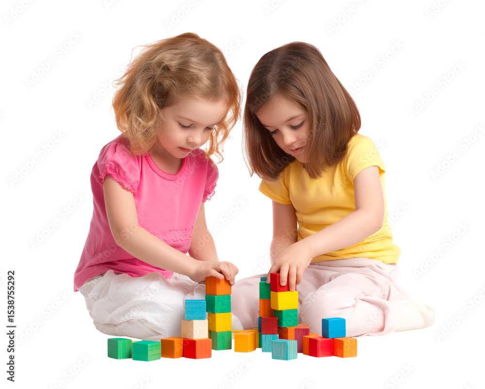 Two little girls playing with colorful wooden blocks isolated on a transparent background Two little girls playing with colorful wooden blocks isolated on a transparent background