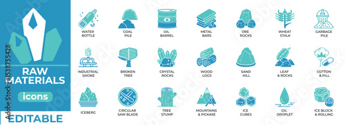 Premium editable raw materials vector icons for industry, manufacturing, and construction. Clean, scalable designs for branding and presentations