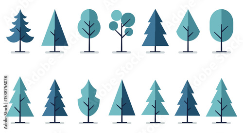 Stylized geometric trees in various shades of blue on white background vector illustration