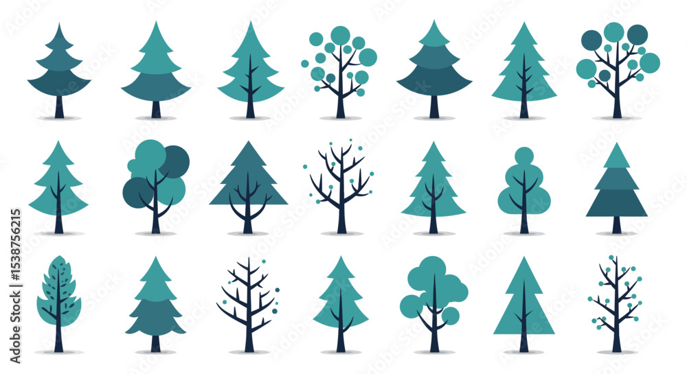 Obraz premium Variety of stylized tree icons in diverse shapes and colors on white background vector illustration