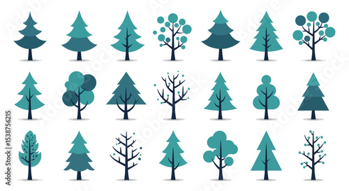 Variety of stylized tree icons in diverse shapes and colors on white background vector illustration