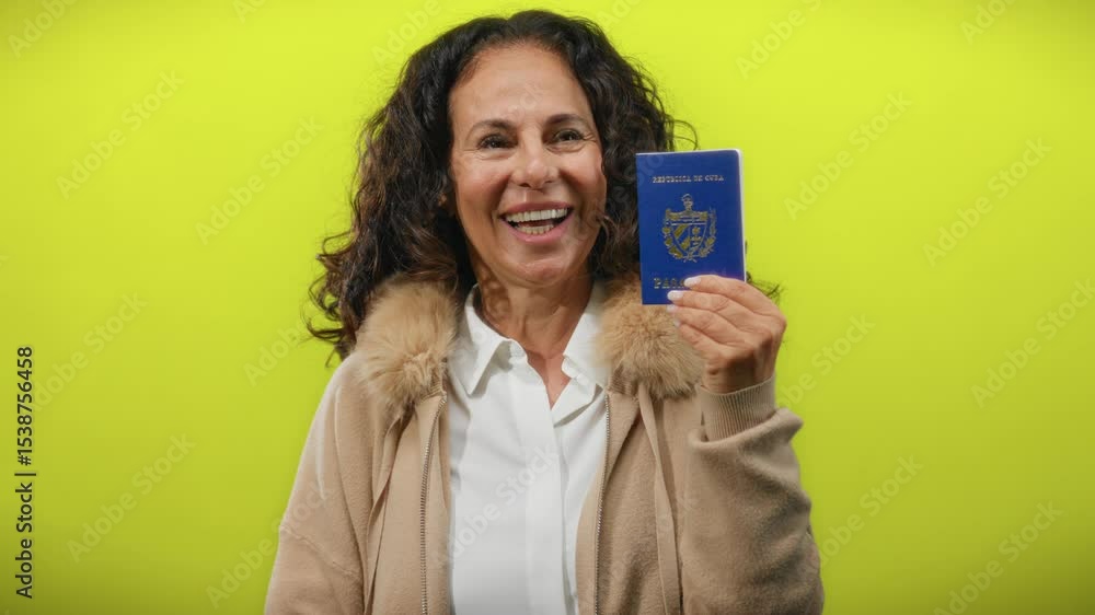 Woman holding cuban passport smiling against yellow background wearing beige coat isolated immigration travel Woman holding cuban passport smiling against yellow background wearing beige coat isolated immigration travel