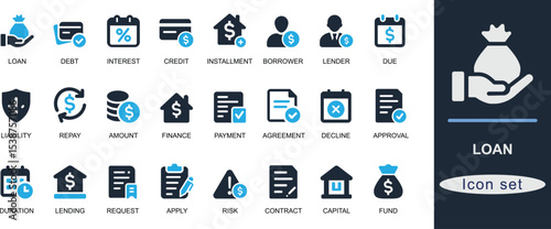 Flat loan icon set with credit, debt, EMI, interest, mortgage, payment, borrower, approval, document, and finance. Ideal for banking and fintech UI.