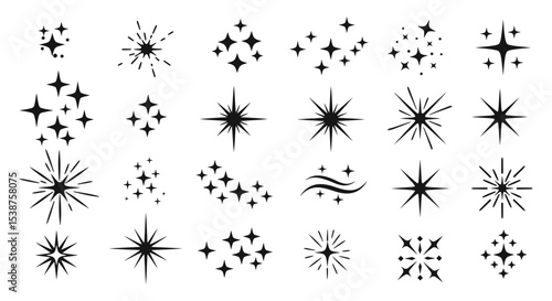 Collection of various star and sparkle designs in black and white for decorative use vector illustration