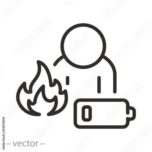 burnout icon, person with fire, stress burnout syndrome, emotional problem, low battery, thin line symbol on white background, tired person vector illustration