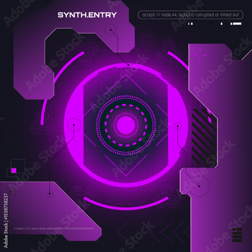 Dark cyberpunk vector artwork in purple tones with circular digital center, synth interface text, corrupted signal warning and grid-based UI structure. Concept of synth tech, communication failure