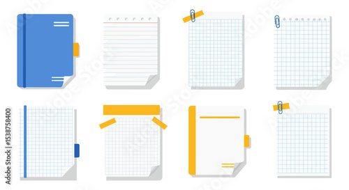 Collection of various notebooks and notepads with clips and grids vector illustration
