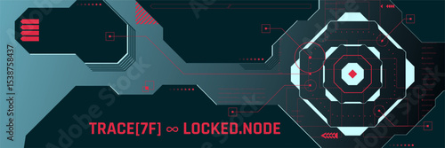 High-tech UI layout featuring geometric interface, red diagnostic paths on dark teal background. Concept of secure system diagnostics, motion graphics overlay. Flyer