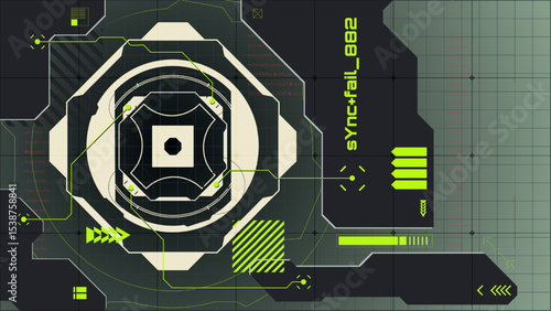 Bright green HUD graphic with sync fail messages, layered grid, circuit points, and geometric technical elements in modern glitch style. Concept of interactive dashboards, failed data synchronization