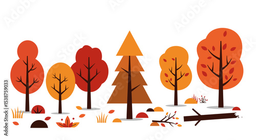 Cartoon style autumn forest with simple geometric trees and falling leaves vector illustration