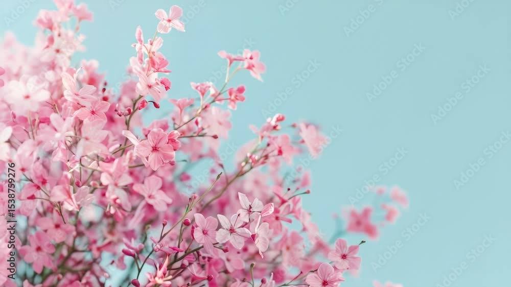 A beautiful scene with pink flowers blooming against a clear blue sky A beautiful scene with pink flowers blooming against a clear blue sky