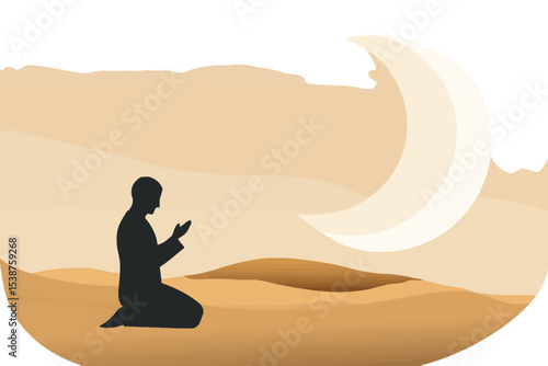 Man Praying in Desert at Night Crescent Moon Silhouette